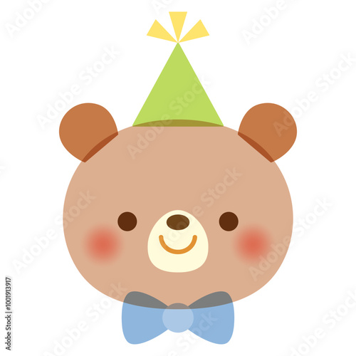 Cute smiling bear with party hat and bow tie, using soft pastel colors and an overprint effect for a playful, textured look.