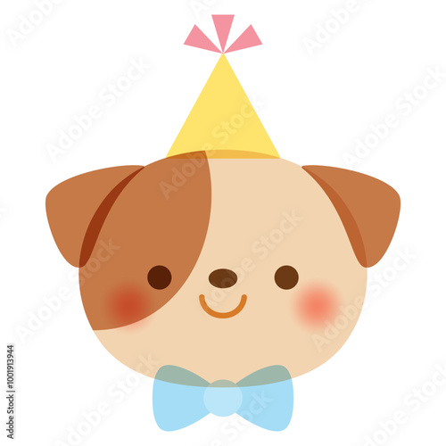 Cute smiling dog with party hat and bow tie, using soft pastel colors and an overprint effect for a playful, textured look.