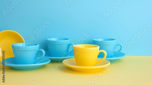 A toy tea party set with cups and saucers on a blue and yellow background