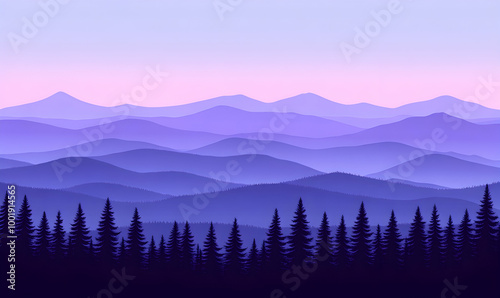 Purple mountains in the distance with pine trees in the foreground.