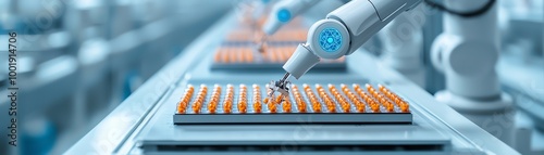 Machine learning systems controlling robotic arms producing pharmaceuticals in a clean industrial facility, pharmaceutical industry, AI-driven production