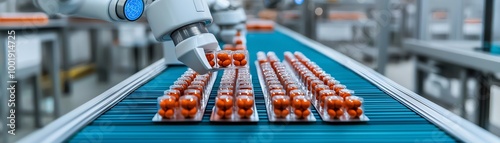 Machine learning-powered robotic systems producing advanced medicines in a high-tech pharmaceutical facility, pharmaceutical industry, AI-driven production