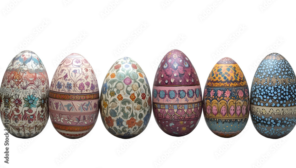 A vibrant row of decorated eggs showcasing various intricate designs in a spectrum of colors.