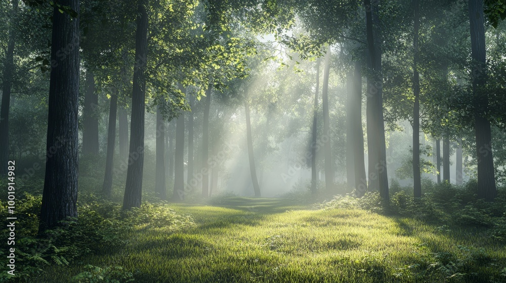 Obraz premium A misty forest at dawn, with soft light gently breaking through the thick canopy