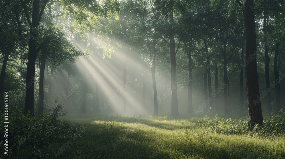 A misty woodland scene at daybreak, with gentle rays of sunlight just breaking through A misty woodland scene at daybreak, with gentle rays of sunlight just breaking through