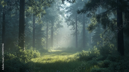 A misty morning in a tranquil forest, with diffused light softly illuminating the scene