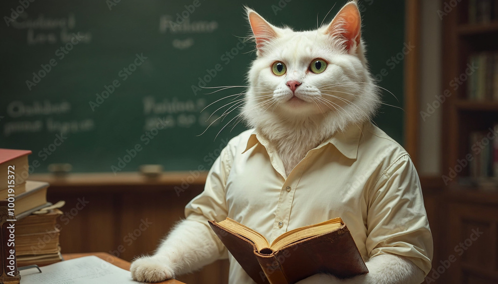 Cat stands confidently in a traditional teacher's pose in classroom Cat stands confidently in a traditional teacher's pose in classroom