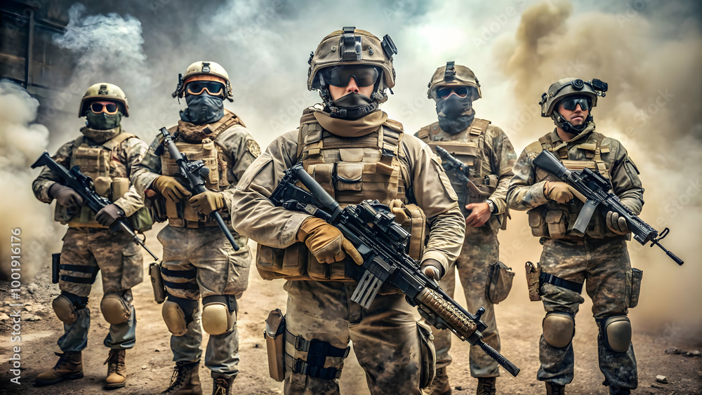squad of soldiers in full tactical gear standing ready for action amid a smoky battlefield. squad of soldiers in full tactical gear standing ready for action amid a smoky battlefield.