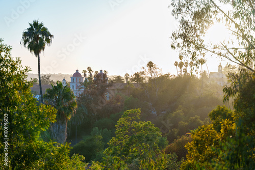 The sun shines through trees and buildings in the background