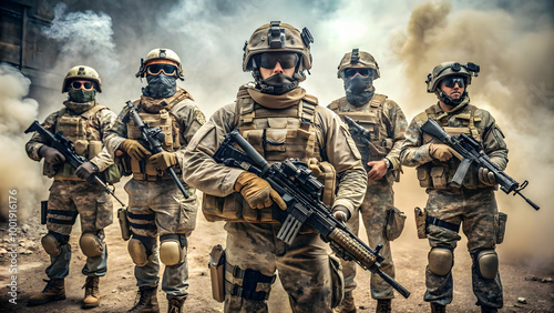 squad of soldiers in full tactical gear standing ready for action amid a smoky battlefield.