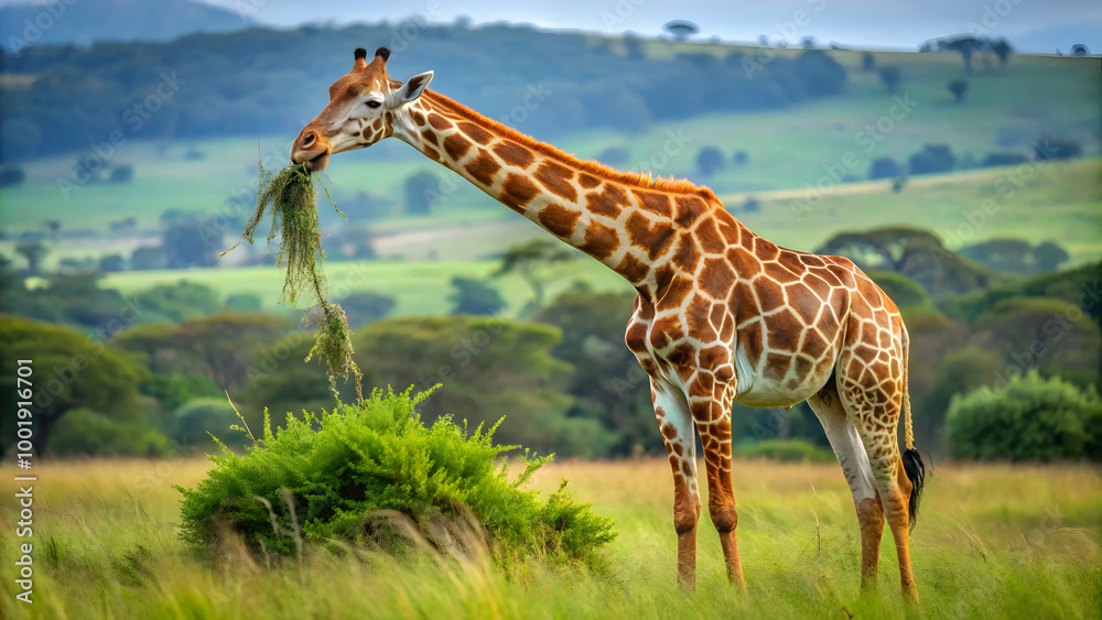 Obraz premium majestic giraffe grazes on acacia leaves, its long neck stretching towards the sky in a serene African landscape.