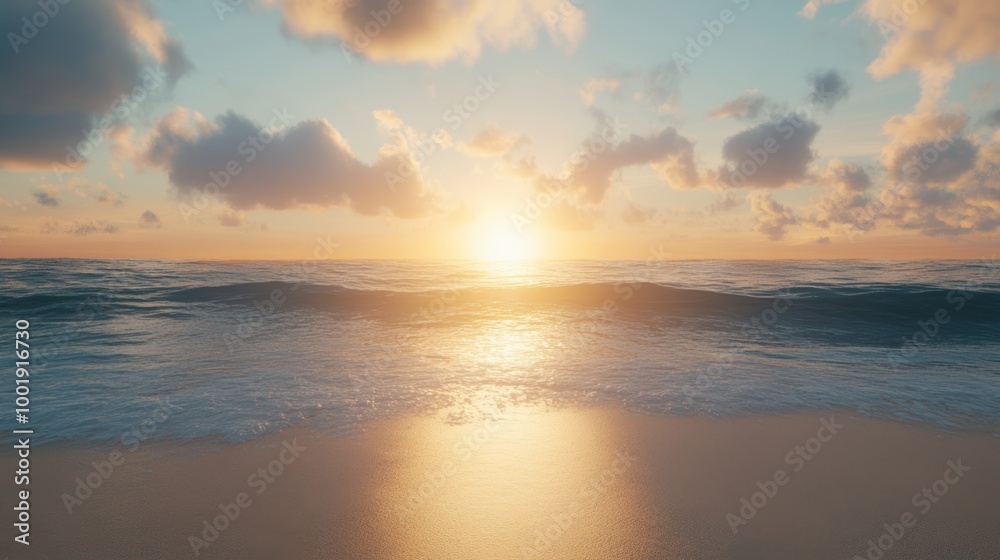 A serene beach at twilight, the sun setting behind the horizon A serene beach at twilight, the sun setting behind the horizon