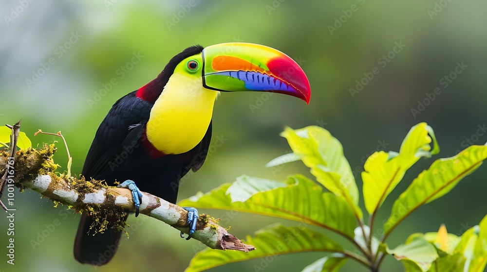 Fototapeta premium A vibrant toucan with a red and purple beak perched on a branch