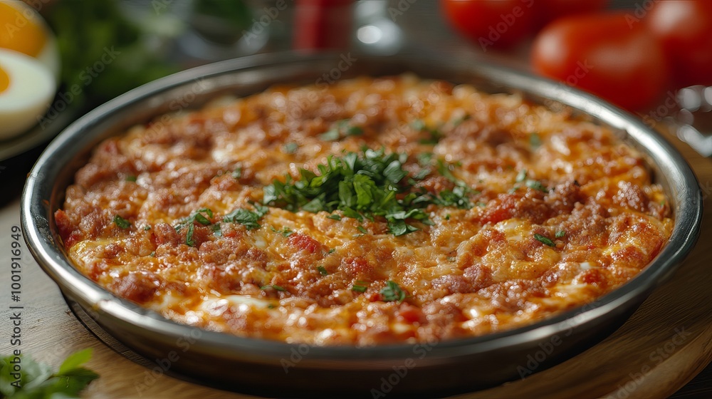 Menemen is a traditional Turkish dish prepared with eggs, sucuk (sausage), and tomatoes. Menemen is a traditional Turkish dish prepared with eggs, sucuk (sausage), and tomatoes.