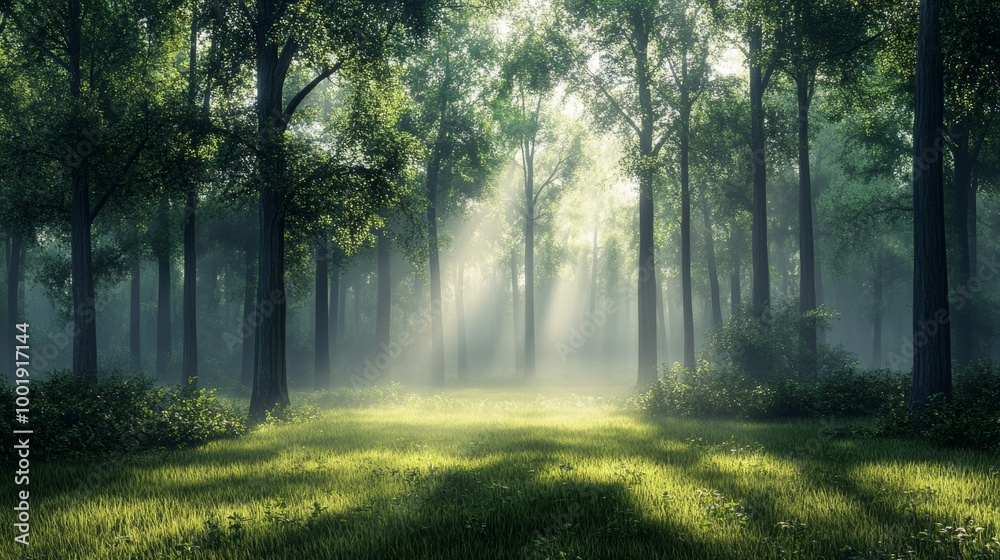 A serene morning in a misty forest, with light softly breaking through the foliage A serene morning in a misty forest, with light softly breaking through the foliage