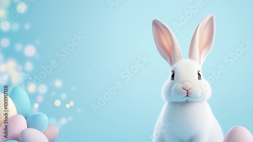 Cute easter bunny with pastel eggs on a soft blue background. Springtime holiday theme for easter celebration, festive and cheerful design for easter cards, decor, and seasonal promotions. Copy space.