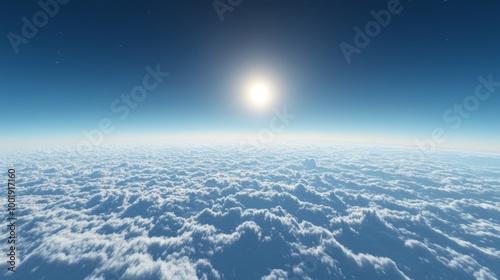 Fototapeta Naklejka Na Ścianę i Meble -  A serene morning sky above sparse clouds, deep blue with a tiny bright sun