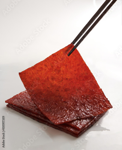 The BBQ Spicy Dried Meat, Bak Kwa isolated on white background