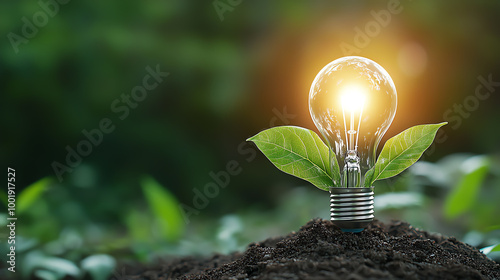 A light bulb growing from soil, symbolizing renewable energy and environmental sustainability.