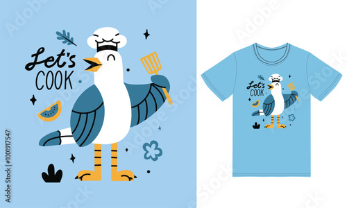 Cute chef seagull illustration with tshirt design vector