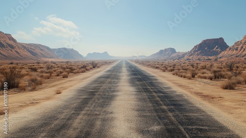 A straight desert road with tumbleweeds rolling across, ultra detailed