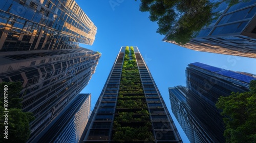 This captivating cityscape showcases towering skyscrapers adorned with vertical gardens and solar panels, merging urban life with nature under a bright blue sky