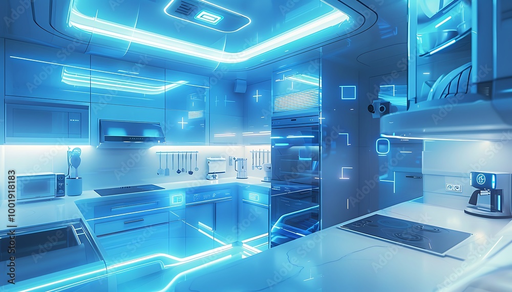 Futuristic Smart Home Kitchen with Connected IoT Devices and Soft Blue Lighting Futuristic Smart Home Kitchen with Connected IoT Devices and Soft Blue Lighting