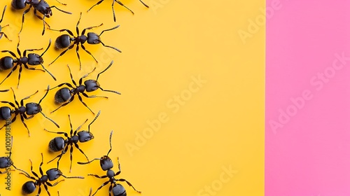 Ant farm on pink and yellow background photo