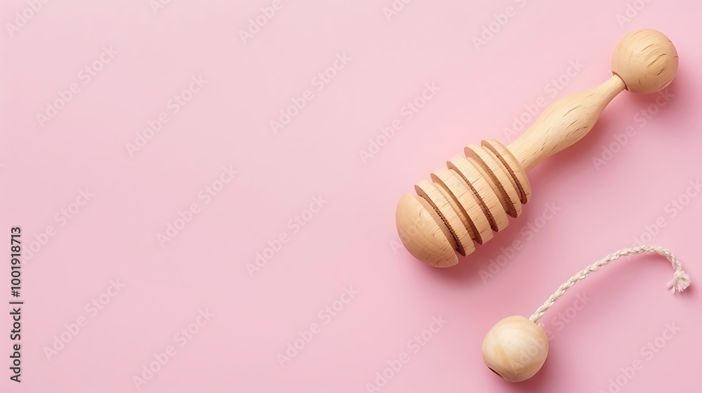 Baby wooden rattle and toy on pink background Baby wooden rattle and toy on pink background