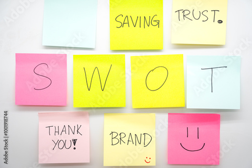 SWOT letter on colorful sticky notes with another text on board. Business strategy and planning concept. SWOT analysis concept.