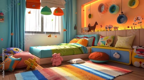 Bedroom kids on bed floor with pillows in colorful bedroom