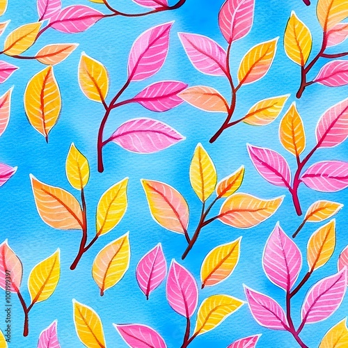 A vibrant pattern of pink and yellow leaves on a blue background.