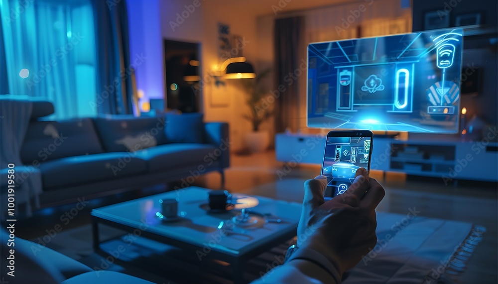 Naklejka premium Futuristic Living Room with Smartphone Projecting 3D Holographic Smart Home Controls