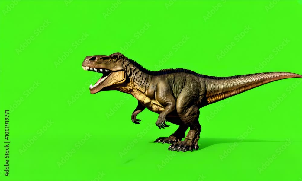 A detailed, realistic depiction of a Tyrannosaurus Rex, a fearsome predator of the Late Cretaceous period, standing on a green screen background. A detailed, realistic depiction of a Tyrannosaurus Rex, a fearsome predator of the Late Cretaceous period, standing on a green screen background.