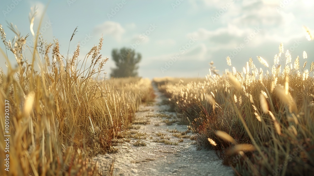 Fototapeta premium Golden Hour Path Through Grassy Field