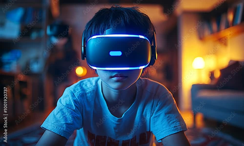 Child wearing a VR headset, immersed in virtual reality experience. Child wearing a VR headset, immersed in virtual reality experience.