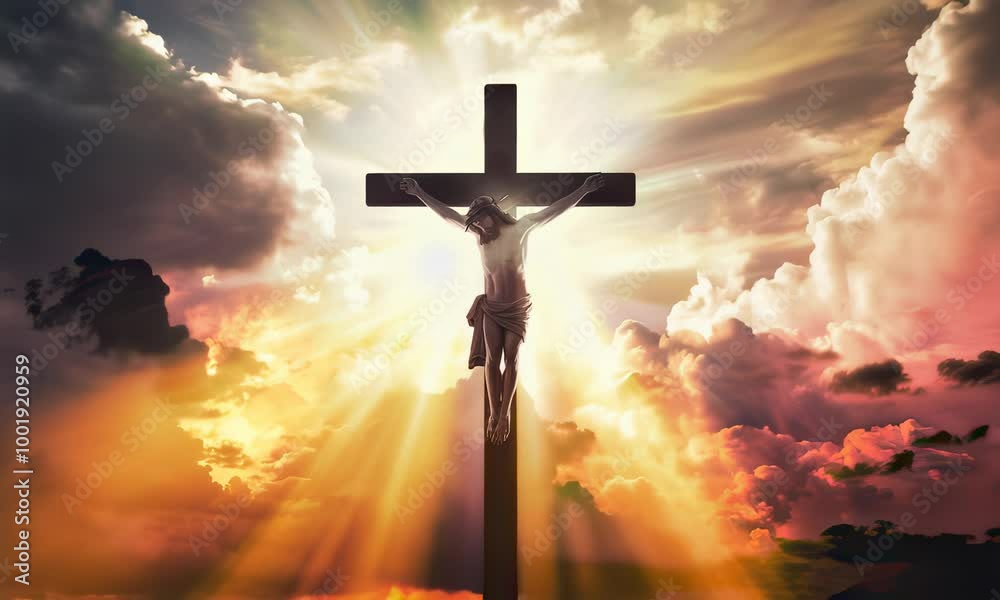 A dramatic depiction of Jesus Christ on the cross, with a brilliant light shining through the clouds behind him.