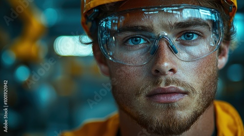 Young worker wearing safety gear in an industrial setting focuses on the task at hand during daylight hours in a modern facility