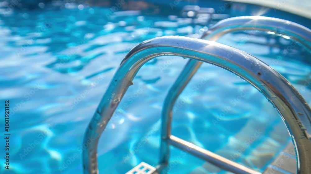 Pool Ladder: This sturdy ladder has metal rungs anchored into the sides of the pool, enabling easy entry and exit with smooth grips for safe handling.
Pool Ladder: This sturdy ladder has metal rungs anchored into the sides of the pool, enabling easy entry and exit with smooth grips for safe handling.
