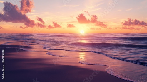 Quiet beach at twilight, the sky glowing with shades of orange and purple