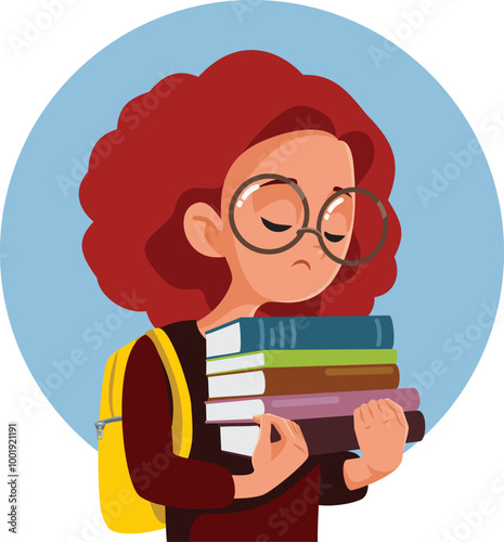 Sad Student Holding Many Books Vector Cartoon Illustration. Stressed girl having to study hard for the final exams
