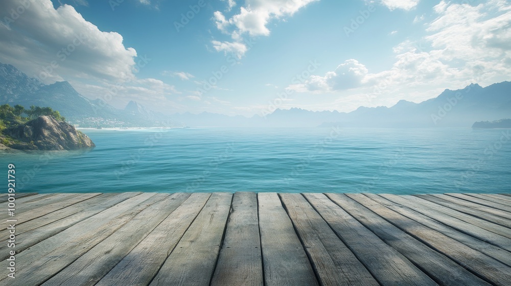 Fototapeta premium View from a rustic wooden deck, facing the infinite ocean
