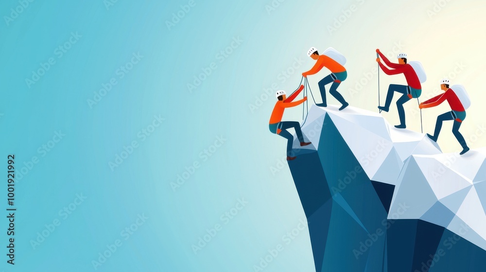 Vector art of a group of climbers tackling a rugged cliff with dynamic lines showing movement and teamwork Vector art of a group of climbers tackling a rugged cliff with dynamic lines showing movement and teamwork