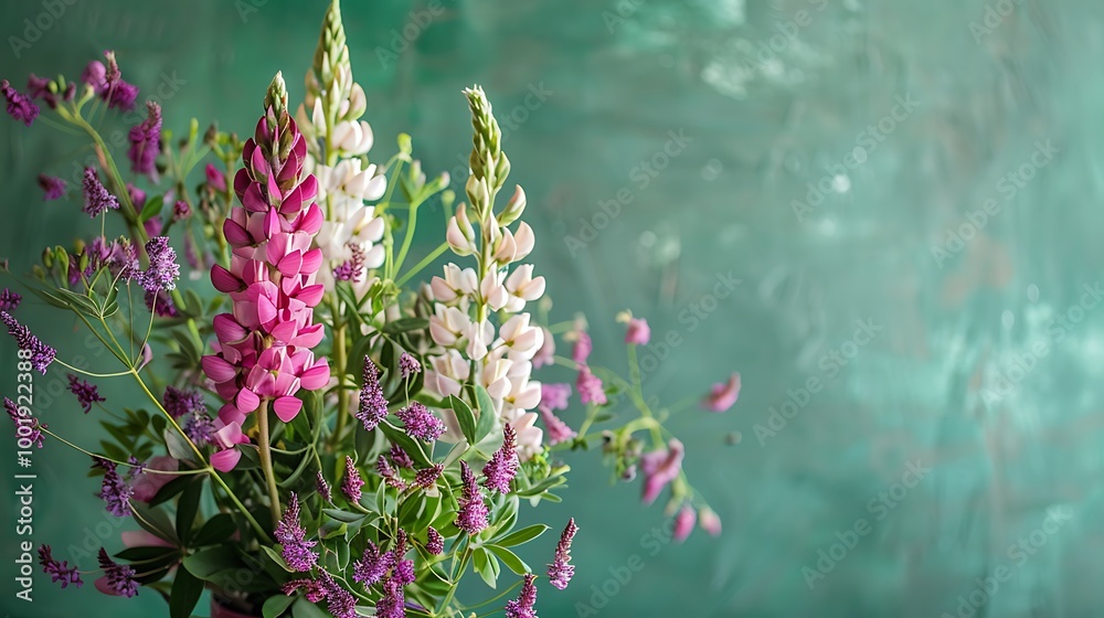 Obraz premium Charming bouquet of lupines on green background