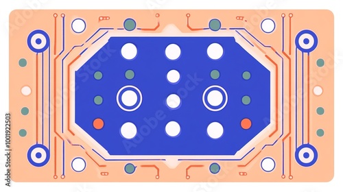 A minimalistic circuit board design featuring a simplified browser icon, emphasizing a clean and modern aesthetic. The artwork utilizes bright colors in a limited palette
