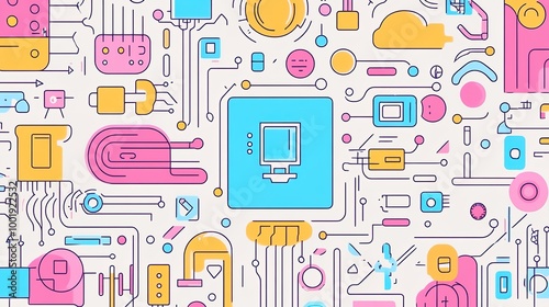 A minimalistic circuit board design featuring a simplified browser icon, emphasizing a clean and modern aesthetic. The artwork utilizes bright colors in a limited palette