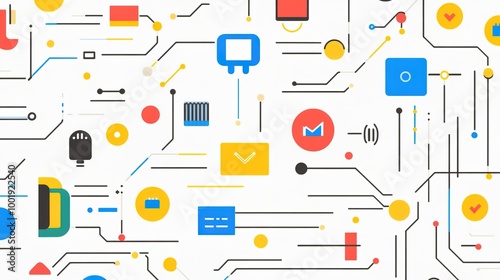 A minimalistic circuit board design featuring a simplified browser icon, emphasizing a clean and modern aesthetic. The artwork utilizes bright colors in a limited palette