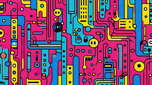 A minimalistic circuit board design featuring a simplified browser icon, emphasizing a clean and modern aesthetic. The artwork utilizes bright colors in a limited palette