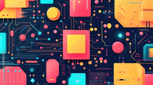 A minimalistic circuit board design featuring a simplified browser icon, emphasizing a clean and modern aesthetic. The artwork utilizes bright colors in a limited palette