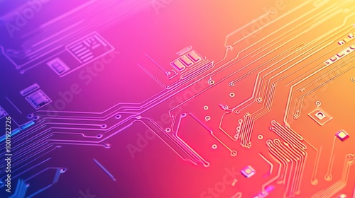A minimalistic circuit board design featuring a simplified browser icon, emphasizing a clean and modern aesthetic. The artwork utilizes bright colors in a limited palette